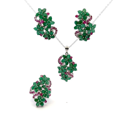 Ruby & Emerald Jewelry Set – Handmade Natural Ruby & Emerald Earrings, Pendant & Ring in 925 Sterling Silver, Rhodium Plated (Each Piece Also Sold Separately)