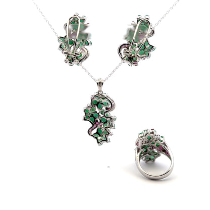 Ruby & Emerald Jewelry Set – Handmade Natural Ruby & Emerald Earrings, Pendant & Ring in 925 Sterling Silver, Rhodium Plated (Each Piece Also Sold Separately)