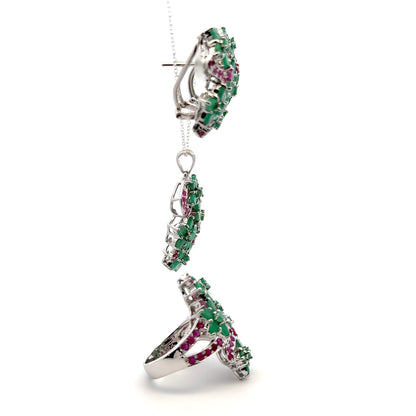 Ruby & Emerald Jewelry Set – Handmade Natural Ruby & Emerald Earrings, Pendant & Ring in 925 Sterling Silver, Rhodium Plated (Each Piece Also Sold Separately)