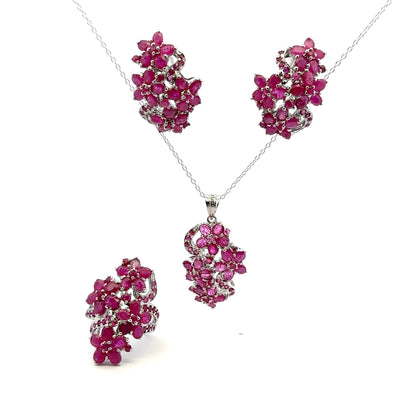 Ruby Jewelry Set – Handmade Natural Ruby Earrings, Pendant & Ring in 925 Sterling Silver, Rhodium Plated (Each Piece Also Sold Separately)
