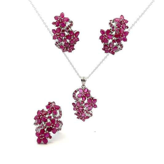 Ruby Jewelry Set – Handmade Natural Ruby Earrings, Pendant & Ring in 925 Sterling Silver, Rhodium Plated (Each Piece Also Sold Separately)