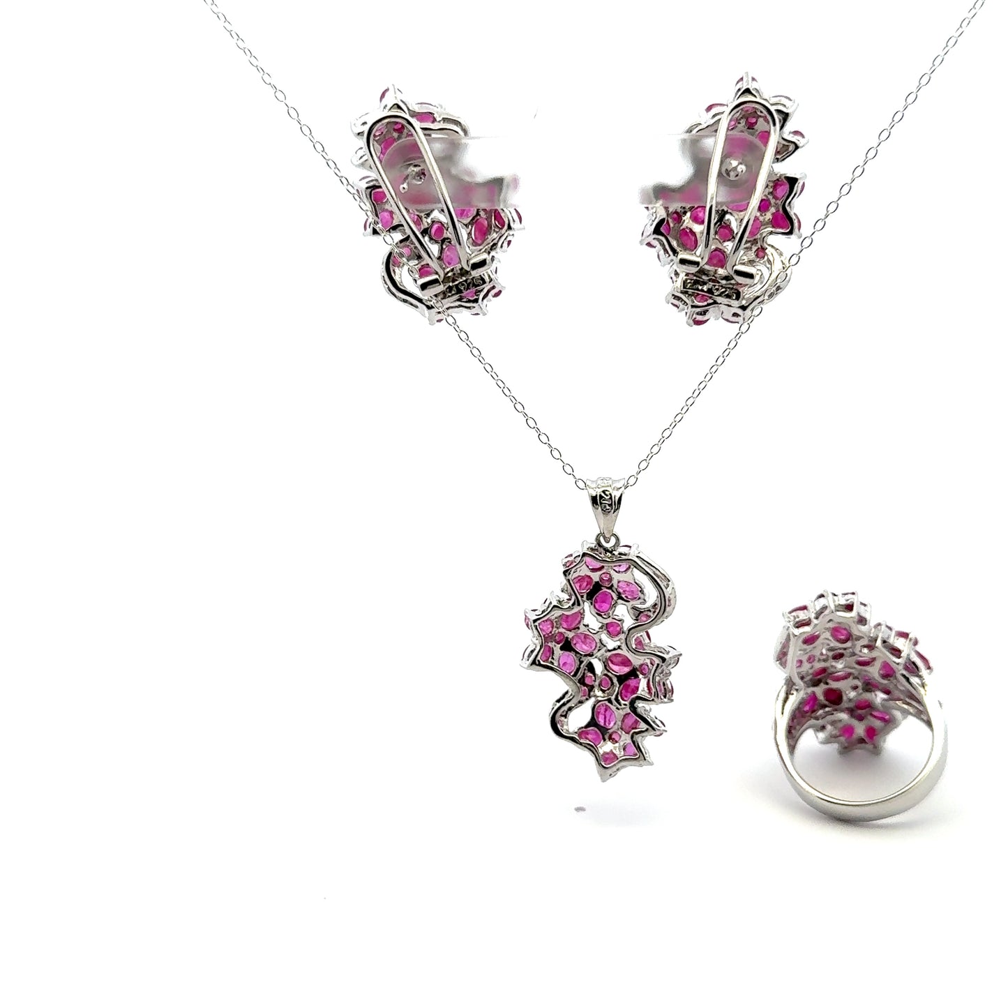 Ruby Jewelry Set – Handmade Natural Ruby Earrings, Pendant & Ring in 925 Sterling Silver, Rhodium Plated (Each Piece Also Sold Separately)
