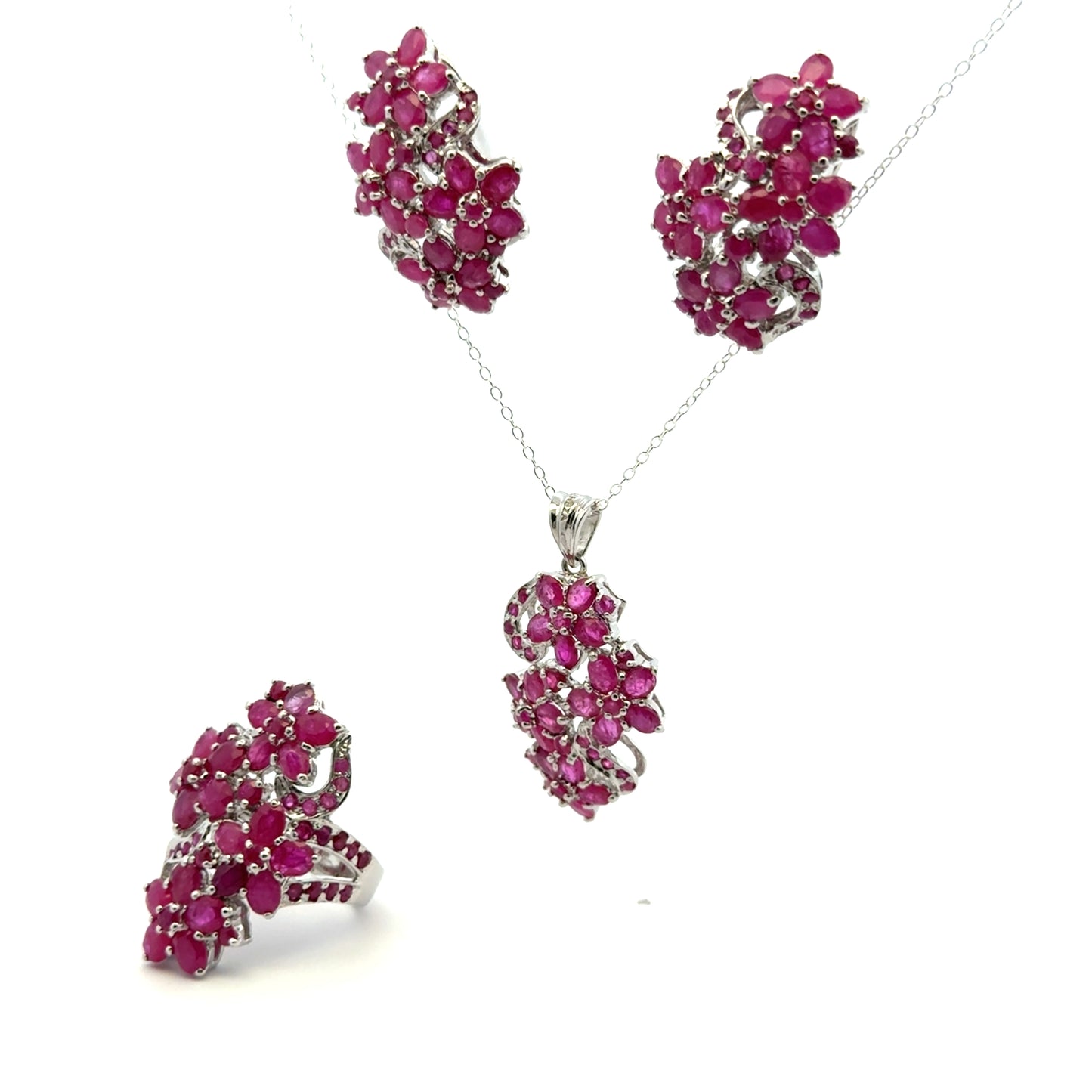 Ruby Jewelry Set – Handmade Natural Ruby Earrings, Pendant & Ring in 925 Sterling Silver, Rhodium Plated (Each Piece Also Sold Separately)