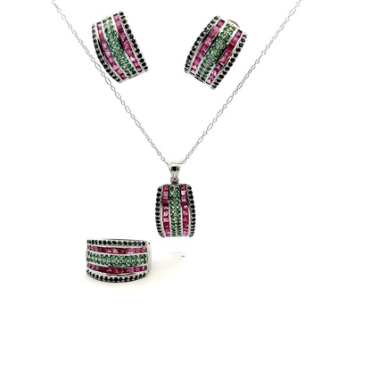 Jewelry Set: Ruby, Sapphire & Emerald (Earrings, Pendant, & Ring)