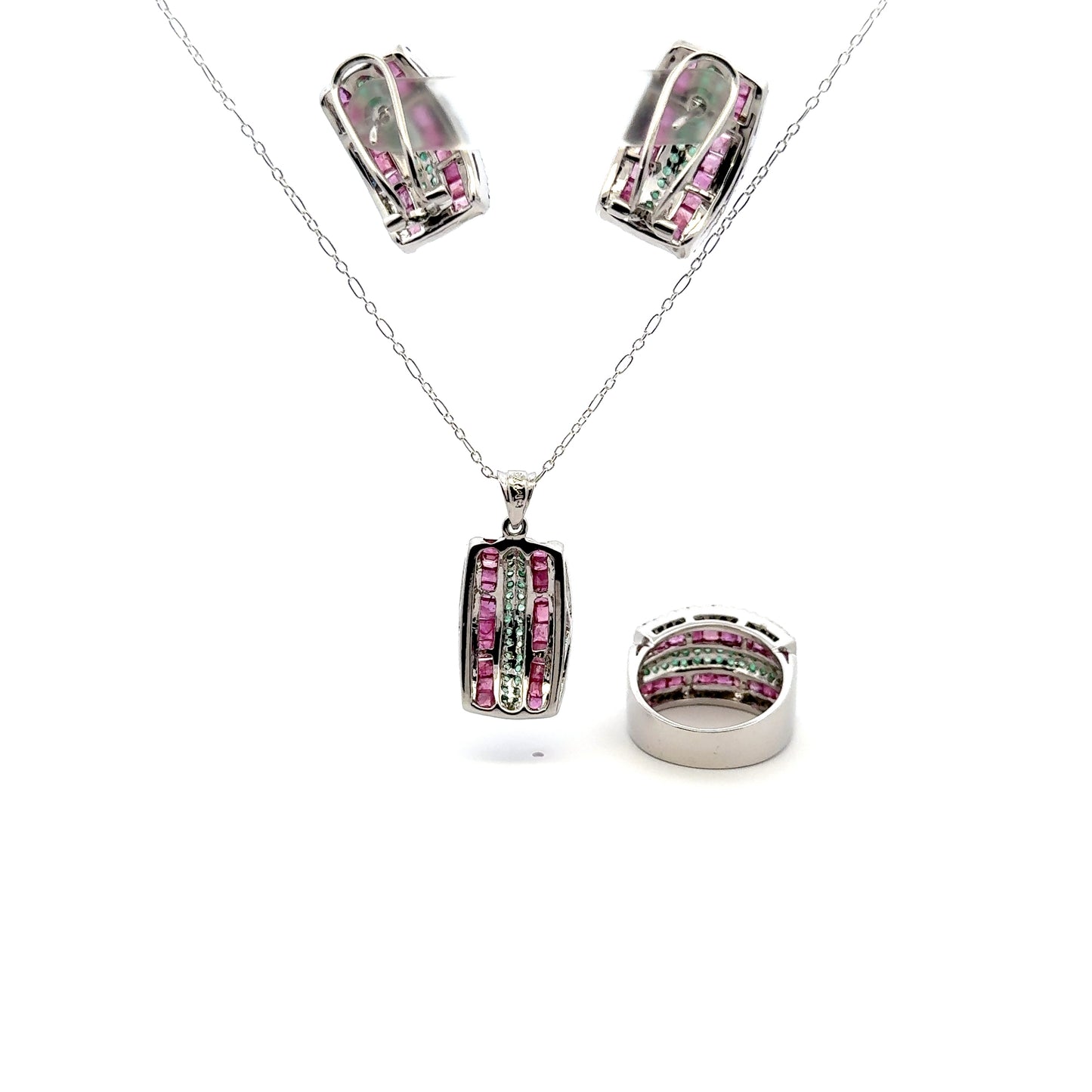 Jewelry Set: Ruby, Sapphire & Emerald (Earrings, Pendant, & Ring)