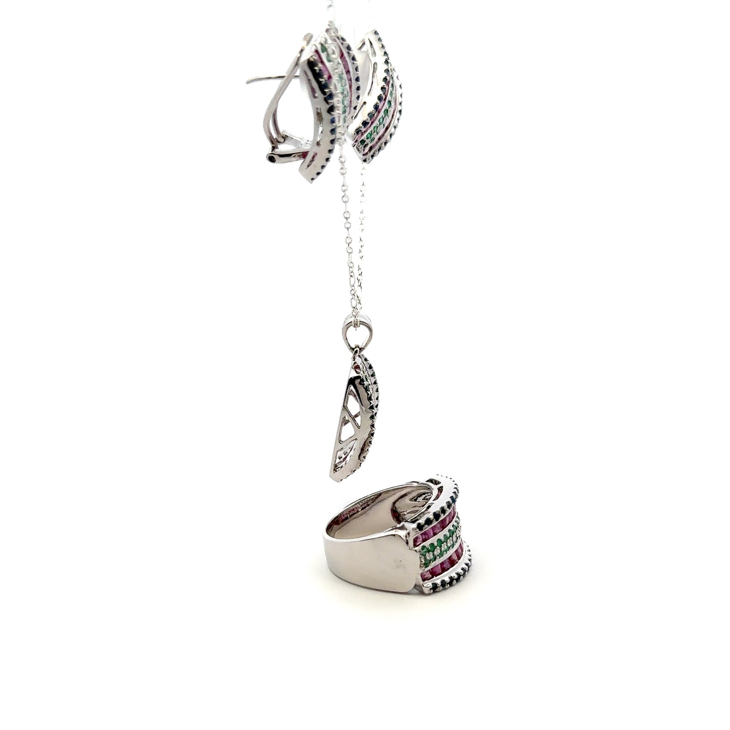Jewelry Set: Ruby, Sapphire & Emerald (Earrings, Pendant, & Ring)
