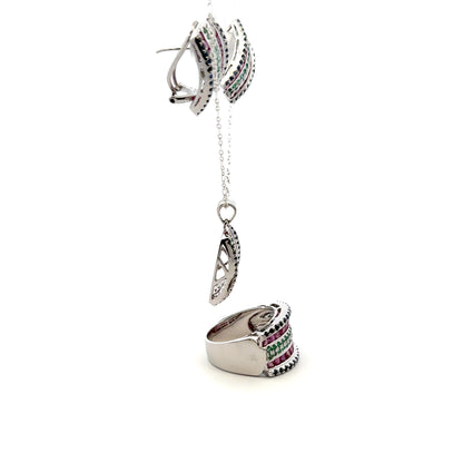 Jewelry Set: Ruby, Sapphire & Emerald (Earrings, Pendant, & Ring)