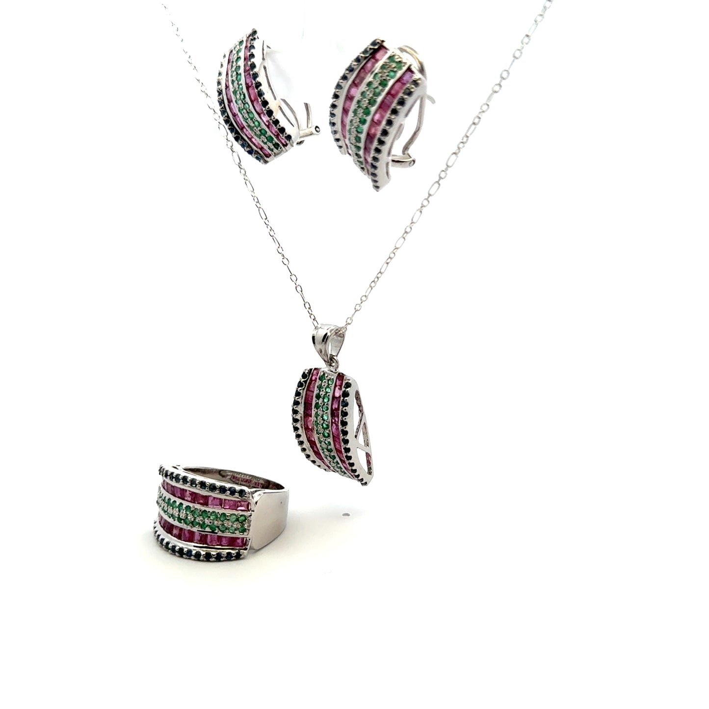 Jewelry Set: Ruby, Sapphire & Emerald (Earrings, Pendant, & Ring)