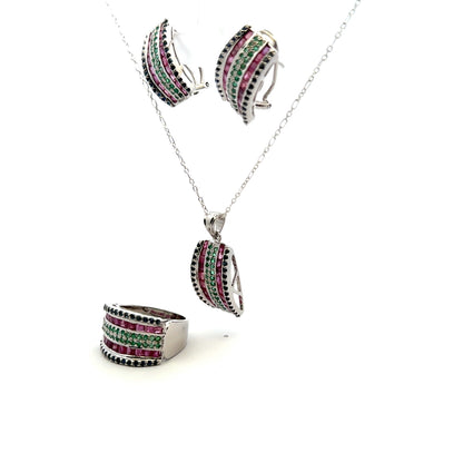 Jewelry Set: Ruby, Sapphire & Emerald (Earrings, Pendant, & Ring)