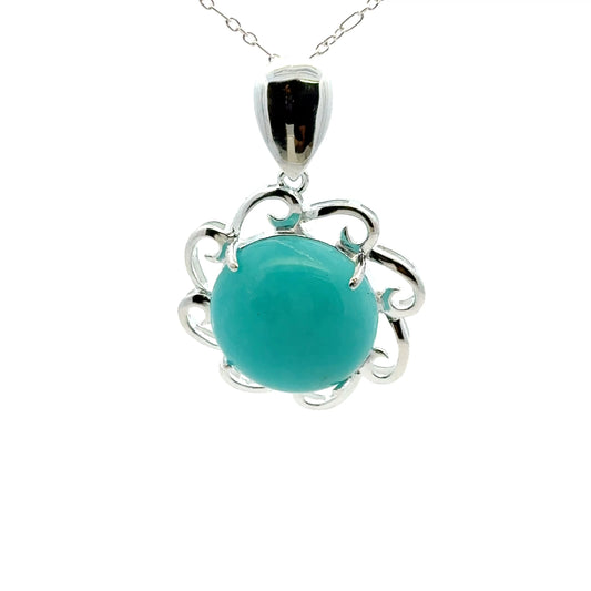 Peruvian AAAA Amazonite Pendant – 925 Sterling Silver with Round Stones & Rays of the Sun Holder