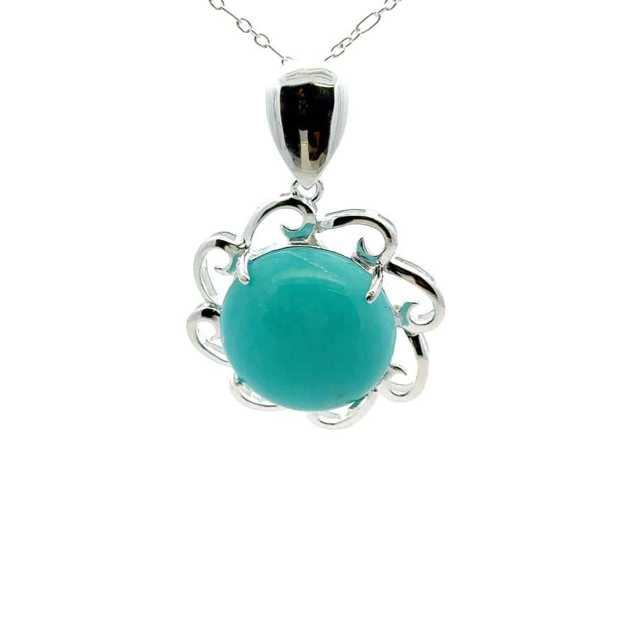 Peruvian AAAA Amazonite Pendant – 925 Sterling Silver with Round Stones & Rays of the Sun Holder