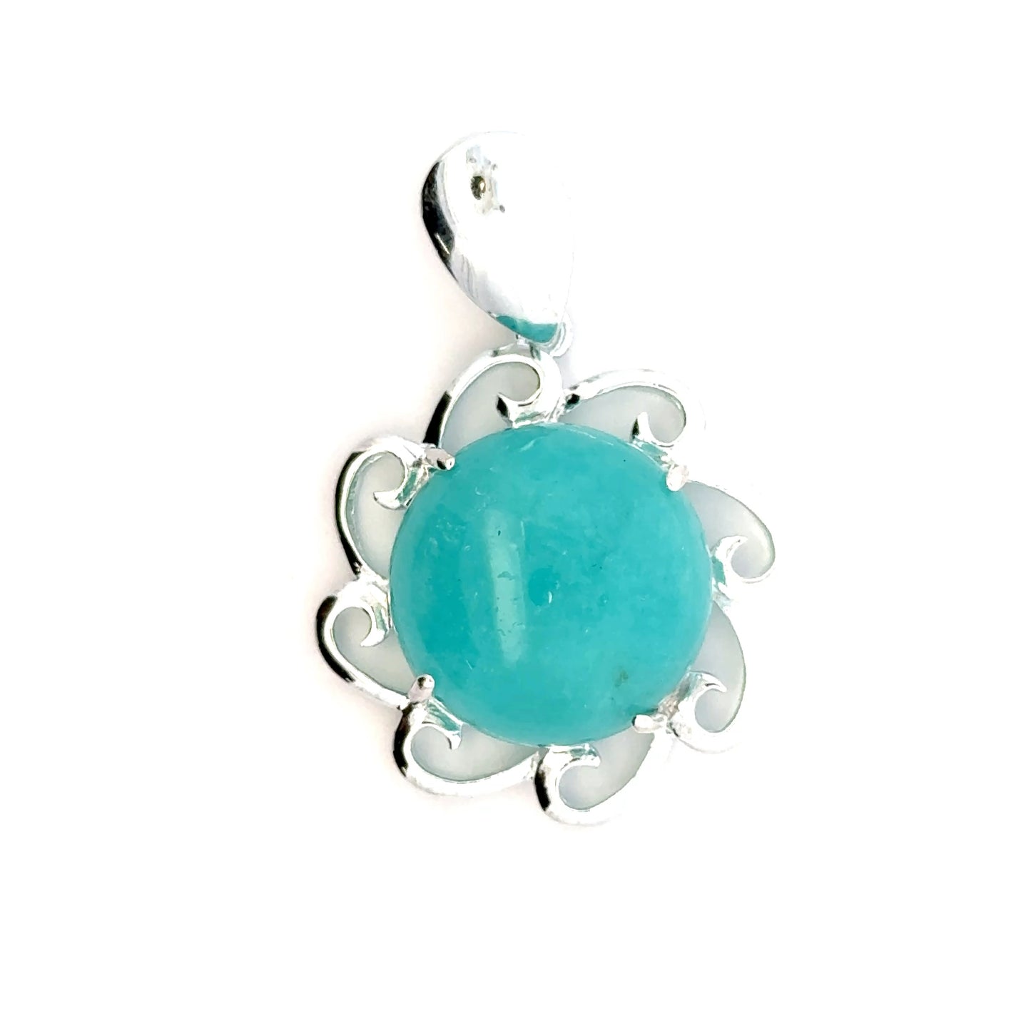 Peruvian AAAA Amazonite Pendant – 925 Sterling Silver with Round Stones & Rays of the Sun Holder