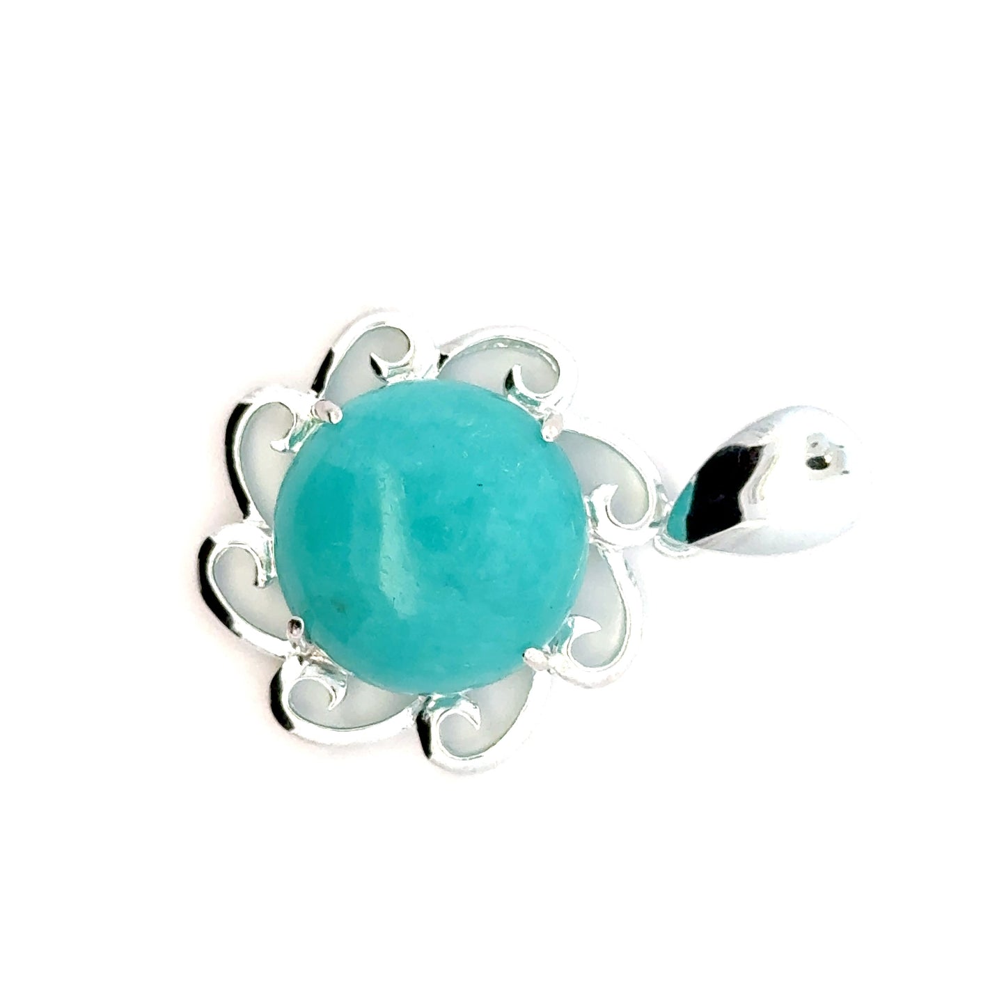 Peruvian AAAA Amazonite Pendant – 925 Sterling Silver with Round Stones & Rays of the Sun Holder