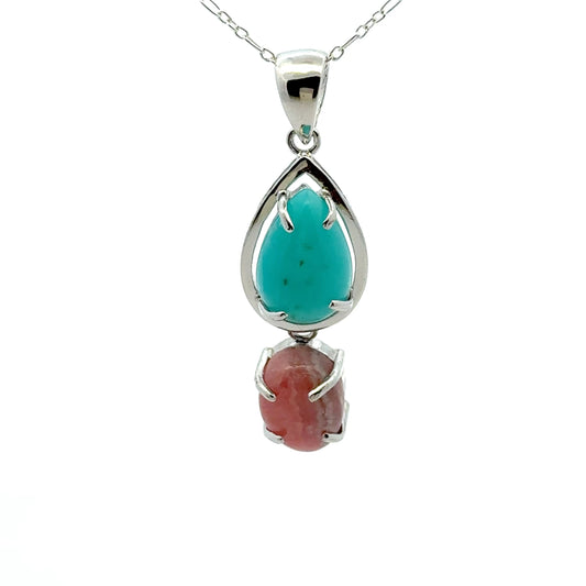 Peruvian AAAA Amazonite Pendant – 925 Sterling Silver with Round Pearl Amazonite & Oval Rhodochrosite