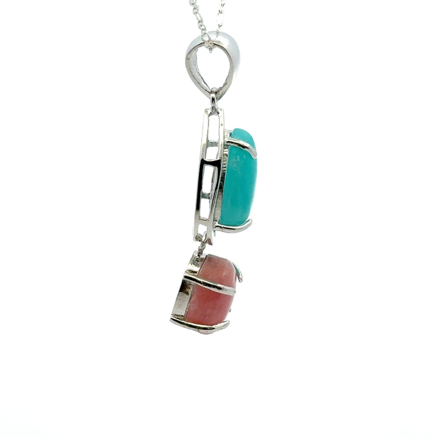 Peruvian AAAA Amazonite Pendant – 925 Sterling Silver with Round Pearl Amazonite & Oval Rhodochrosite