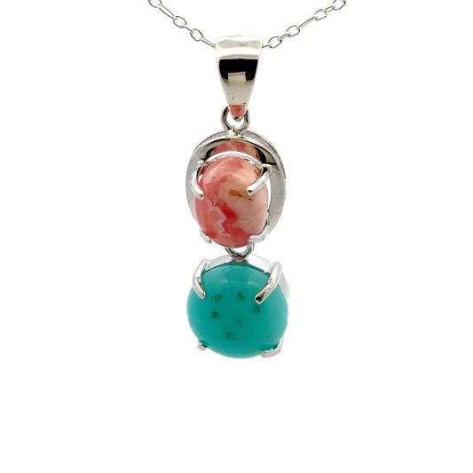 AAAA Amazonite Peruvian Pendant – Unique Sterling Silver Jewelry with Round Amazonite & Oval Rhodochrosite Gems