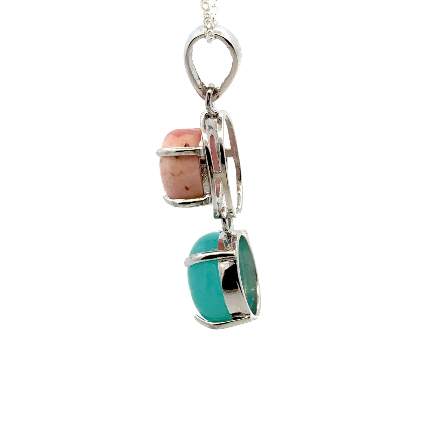 AAAA Amazonite Peruvian Pendant – Unique Sterling Silver Jewelry with Round Amazonite & Oval Rhodochrosite Gems