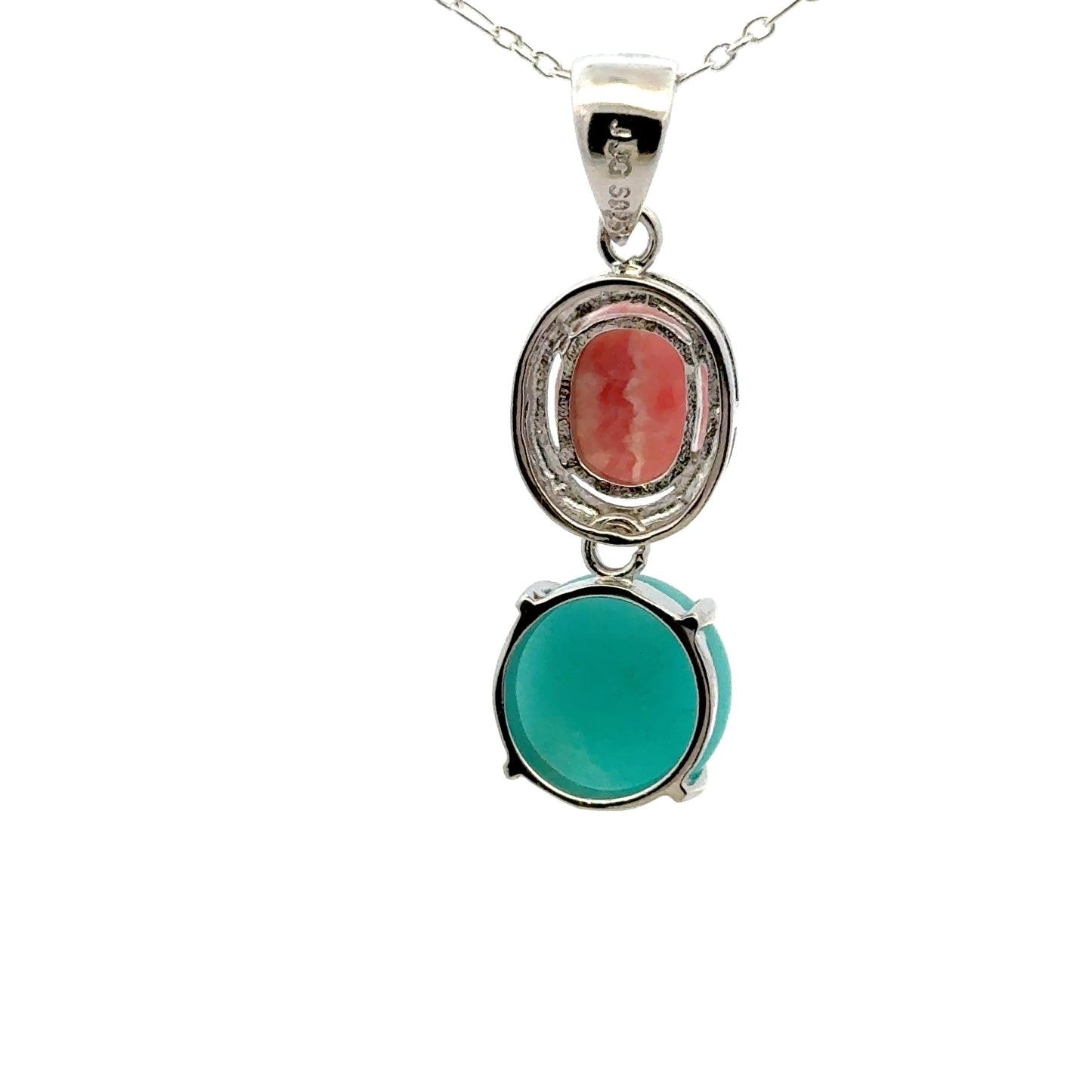 AAAA Amazonite Peruvian Pendant – Unique Sterling Silver Jewelry with Round Amazonite & Oval Rhodochrosite Gems