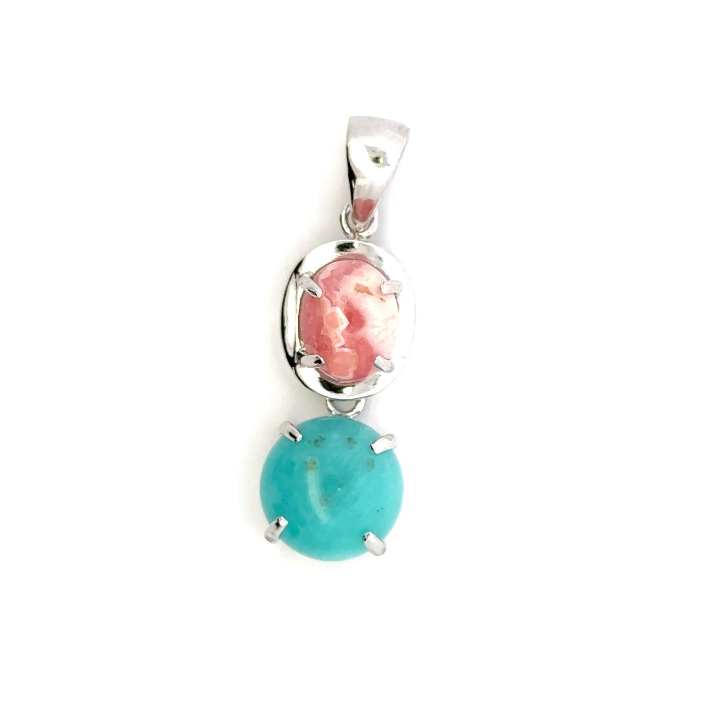 AAAA Amazonite Peruvian Pendant – Unique Sterling Silver Jewelry with Round Amazonite & Oval Rhodochrosite Gems