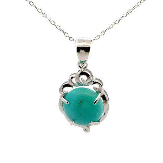 Amazonite AAAA Peruvian Pendant – Elegant 925 Sterling Silver Pendant with Round Stone & Floral Crown Accent