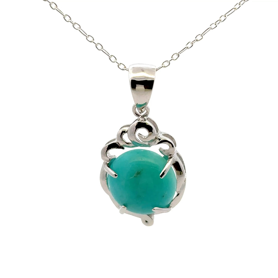Amazonite AAAA Peruvian Pendant – Elegant 925 Sterling Silver Pendant with Round Stone & Floral Crown Accent