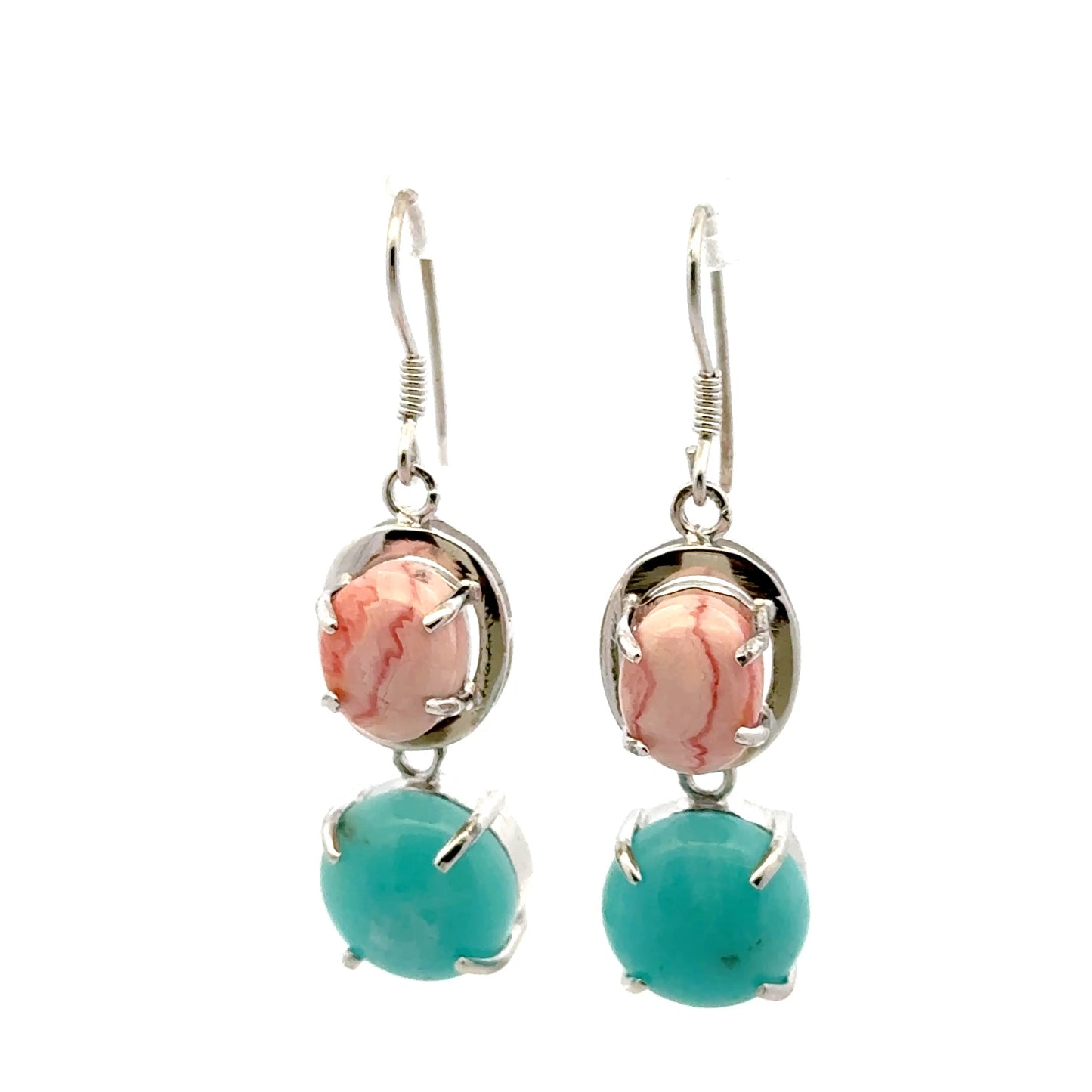 Amazonite Earrings – 925 Sterling Silver with Round Amazonite & Oval Rhodochrosite