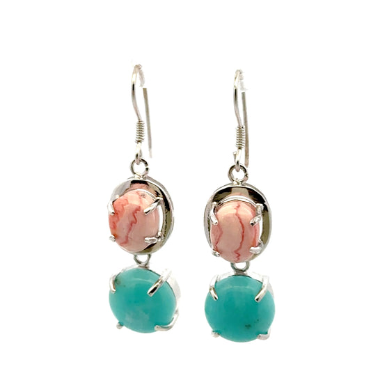 Amazonite Earrings – 925 Sterling Silver with Round Amazonite & Oval Rhodochrosite
