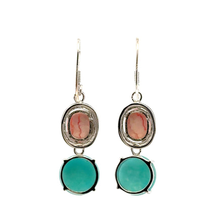 Amazonite Earrings – 925 Sterling Silver with Round Amazonite & Oval Rhodochrosite