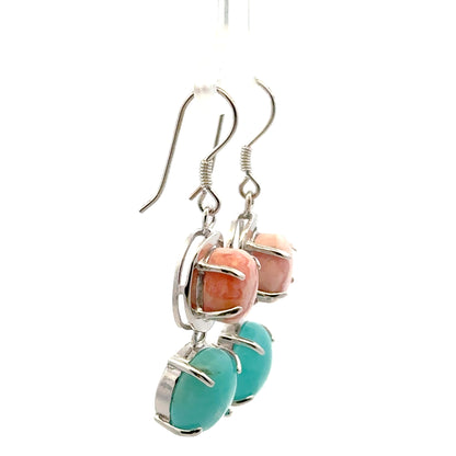 Amazonite Earrings – 925 Sterling Silver with Round Amazonite & Oval Rhodochrosite
