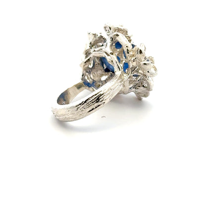 Kyanite Ring with Small Sapphires – handmade 925 Sterling Silver Flower Design