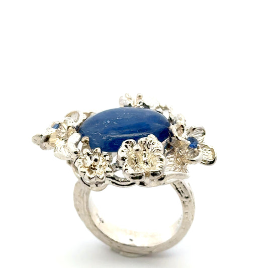Kyanite Ring with Small Sapphires – handmade 925 Sterling Silver Flower Design