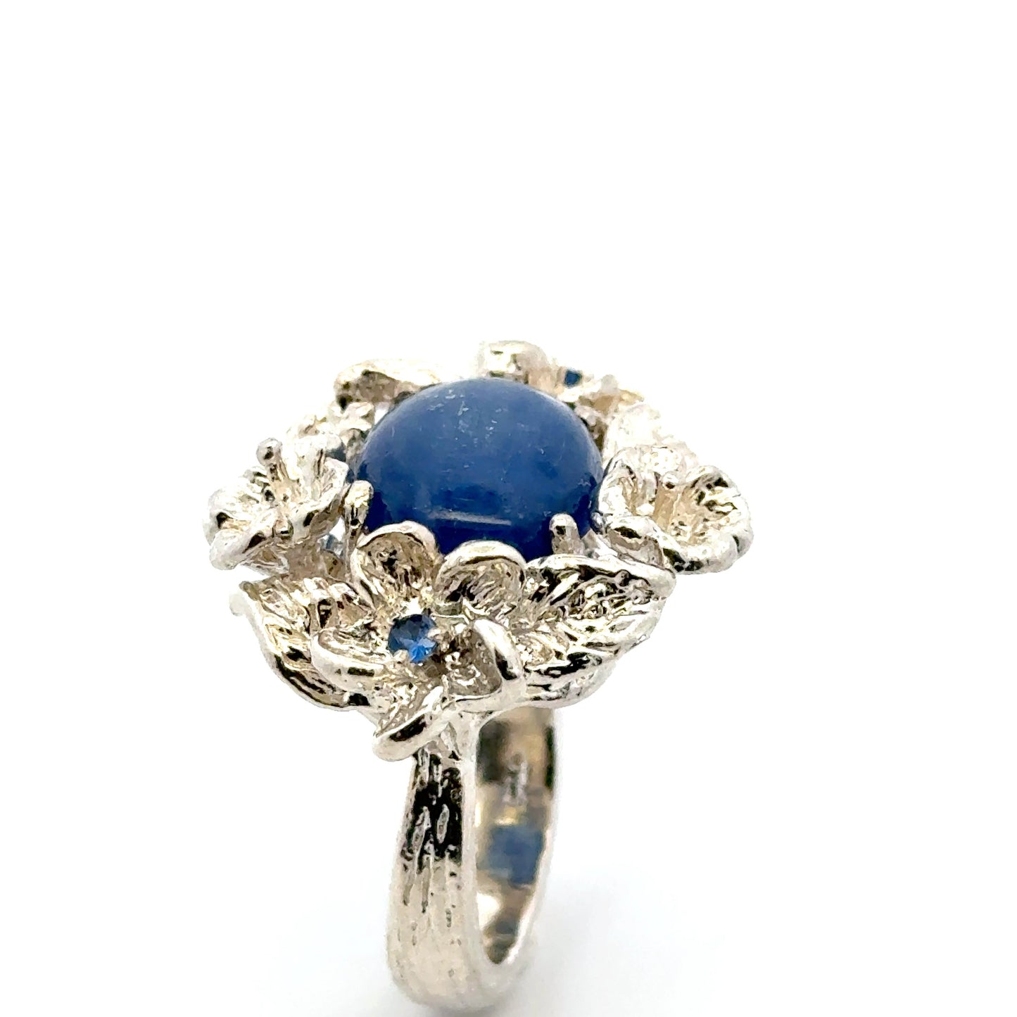 Kyanite Ring with Small Sapphires – handmade 925 Sterling Silver Flower Design