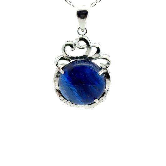Round-shaped Kyanite Pendant with Flower Top – Handmade 925 Sterling Silver Design