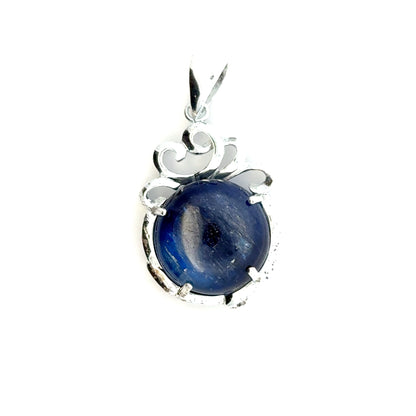 Round-shaped Kyanite Pendant with Flower Top – Handmade 925 Sterling Silver Design