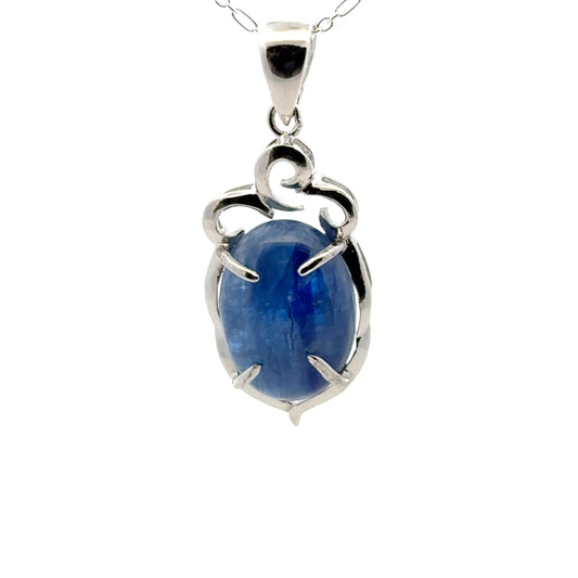 Oval-shaped Kyanite Pendant with Flower Top – Handmade 925 Sterling Silver Design