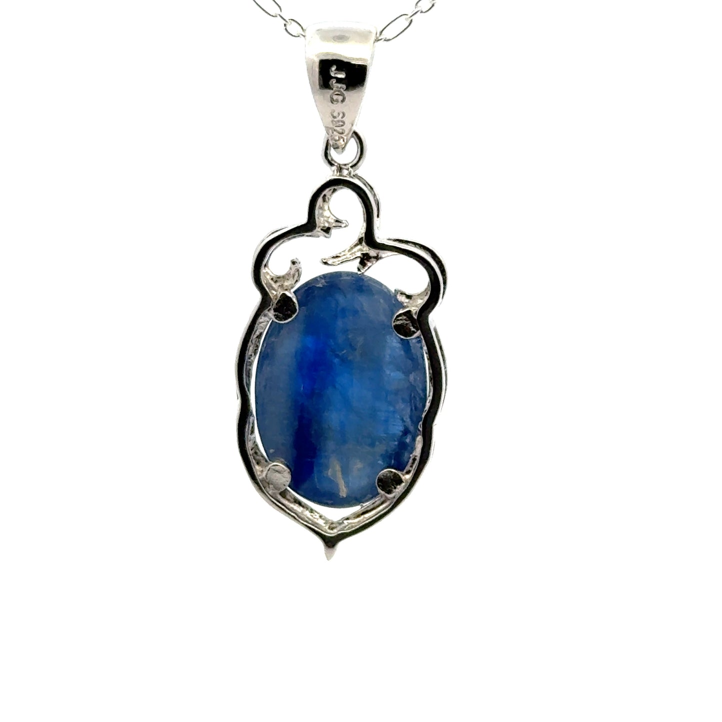 Oval-shaped Kyanite Pendant with Flower Top – Handmade 925 Sterling Silver Design