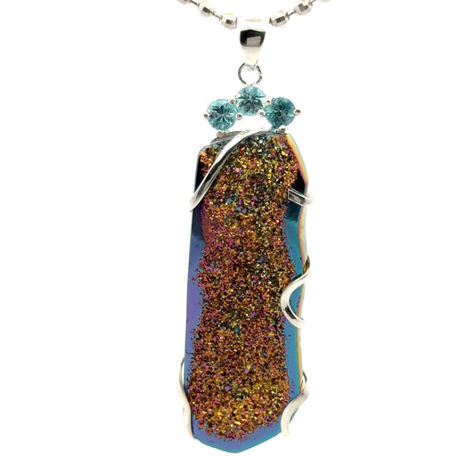 Titanium-Coated Druzy Pendant with Three Blue Zircons
