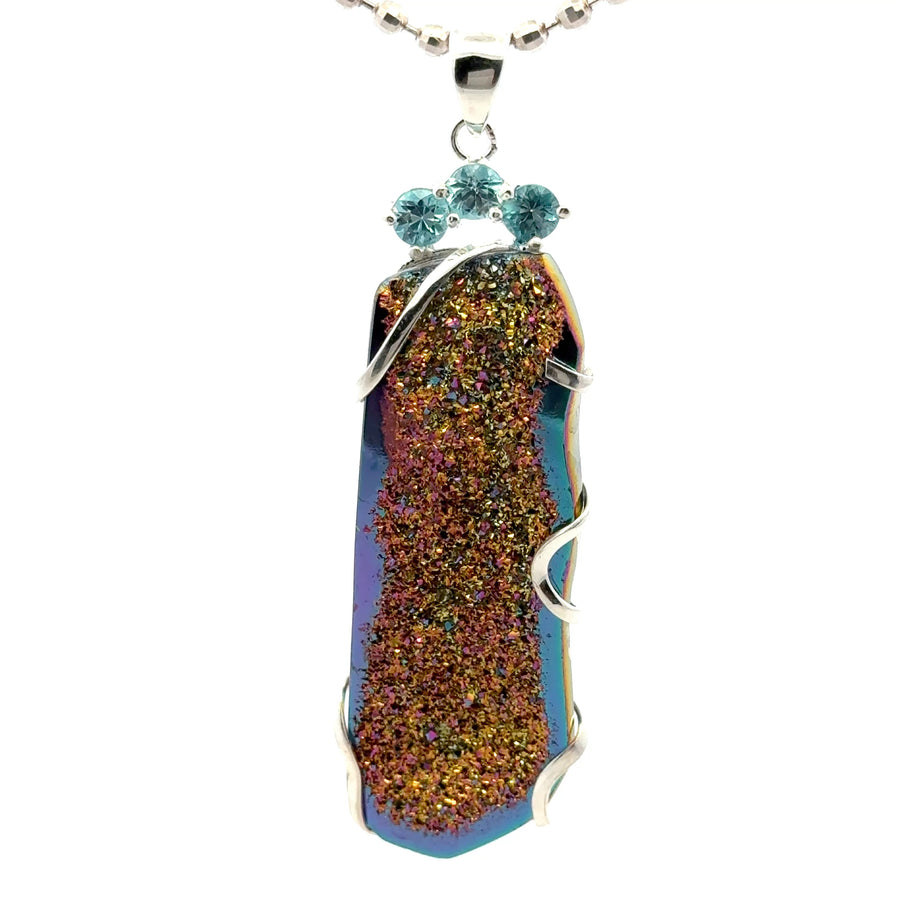 Titanium-Coated Druzy Pendant with Three Blue Zircons