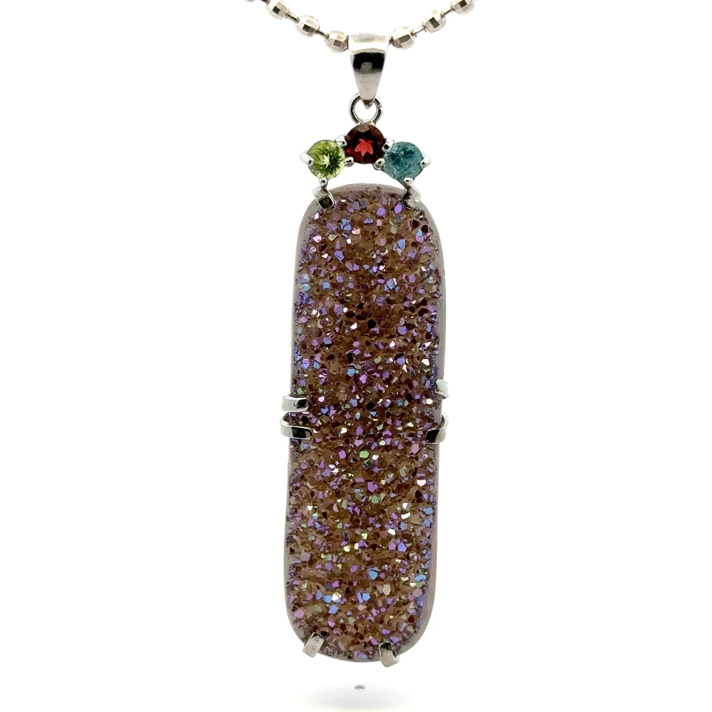 Titanium-Coated Druzy Quartz with Peridot, Garnnet and Zircon