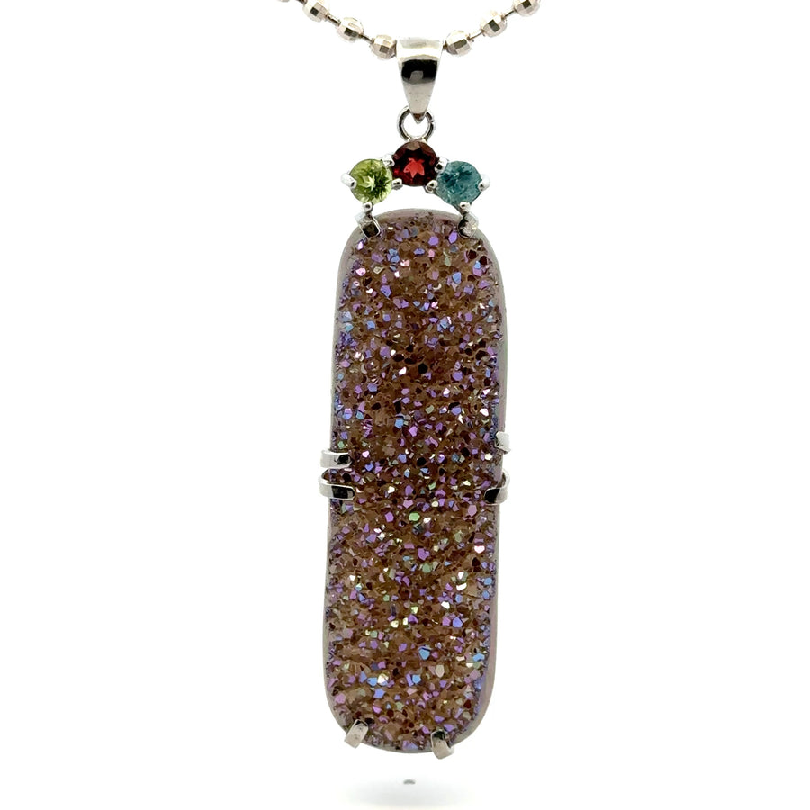 Titanium-Coated Druzy Quartz with Peridot, Garnnet and Zircon
