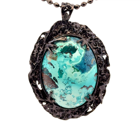 Shattuckite Pendant with Diopside Emeralds in Black Rhodium Plating