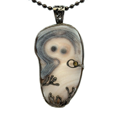 Druzy Chalcedony Quartz Coral Reef Black Rhodium Pendant with Yellow Sapphire
