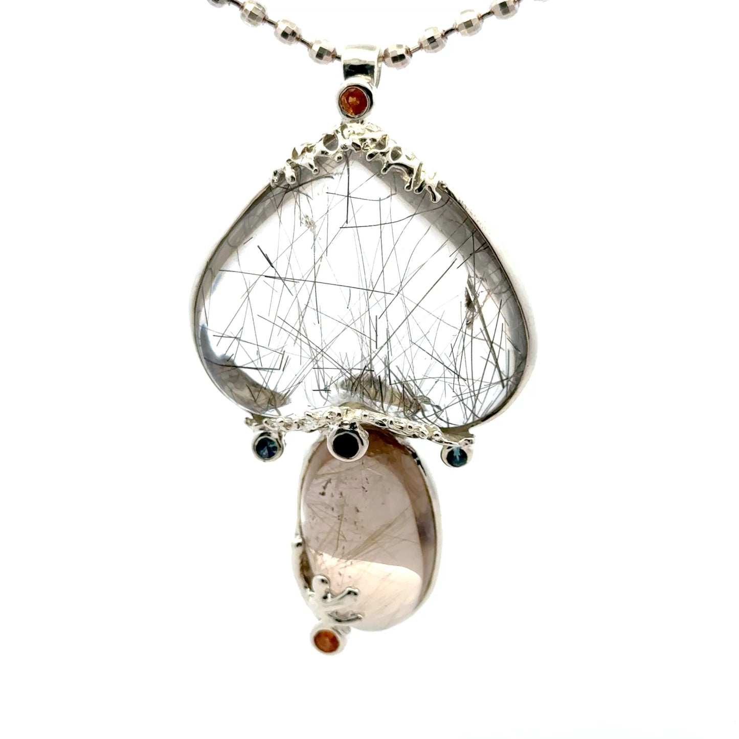 Rutilated Quartz Coral Reef Pendant with Blue & Orange Sapphire,Quartz & Citrine