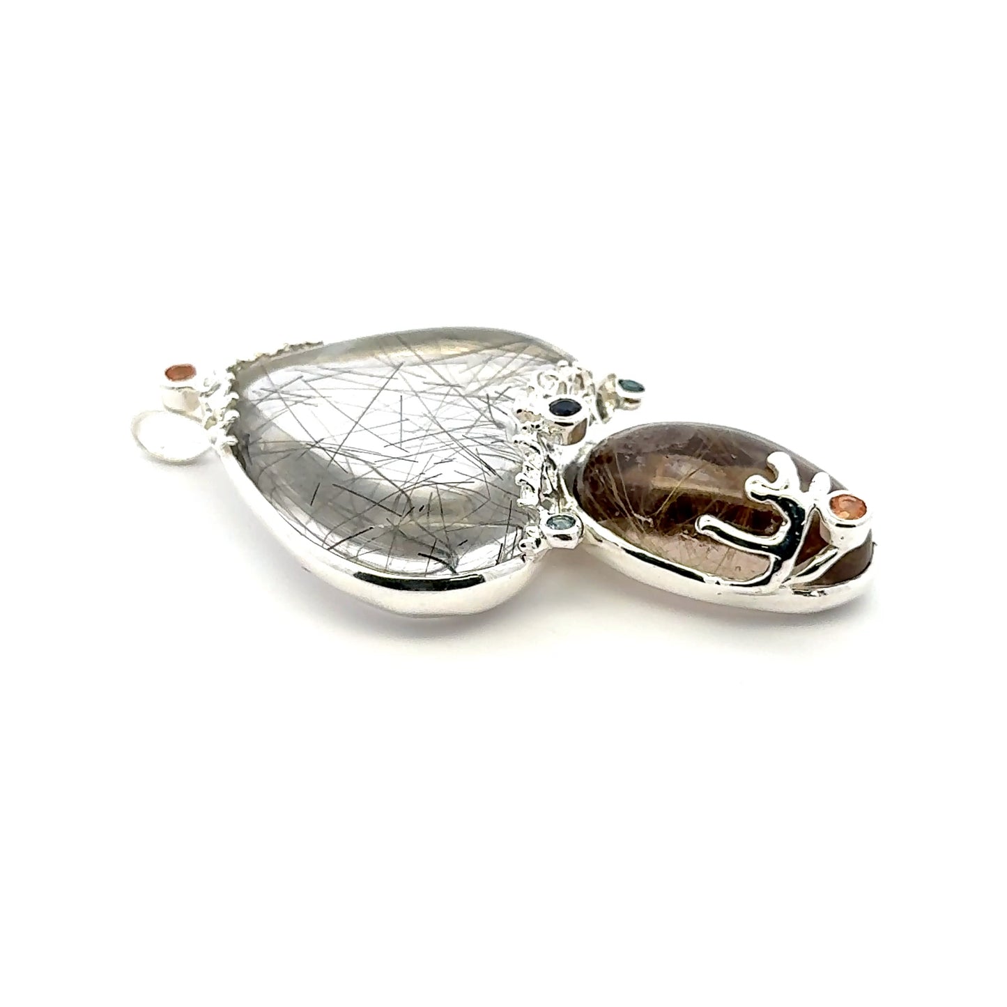 Rutilated Quartz Coral Reef Pendant with Blue & Orange Sapphire,Quartz & Citrine