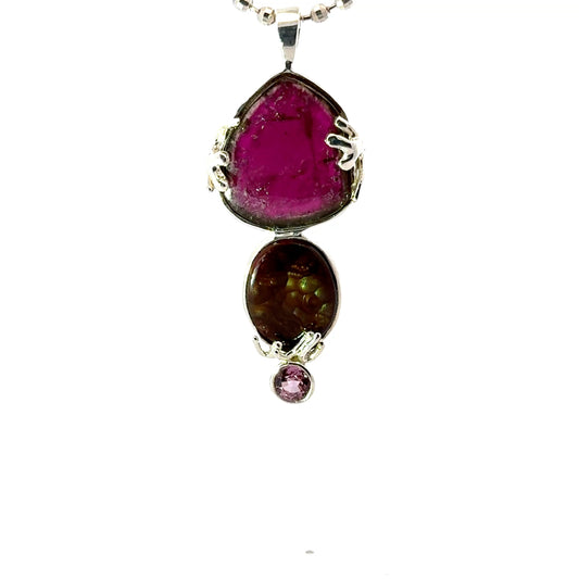 Triple Gemstone Pendant: Watermelon Tourmaline, Mexican Fire Agate & Pink Spinel