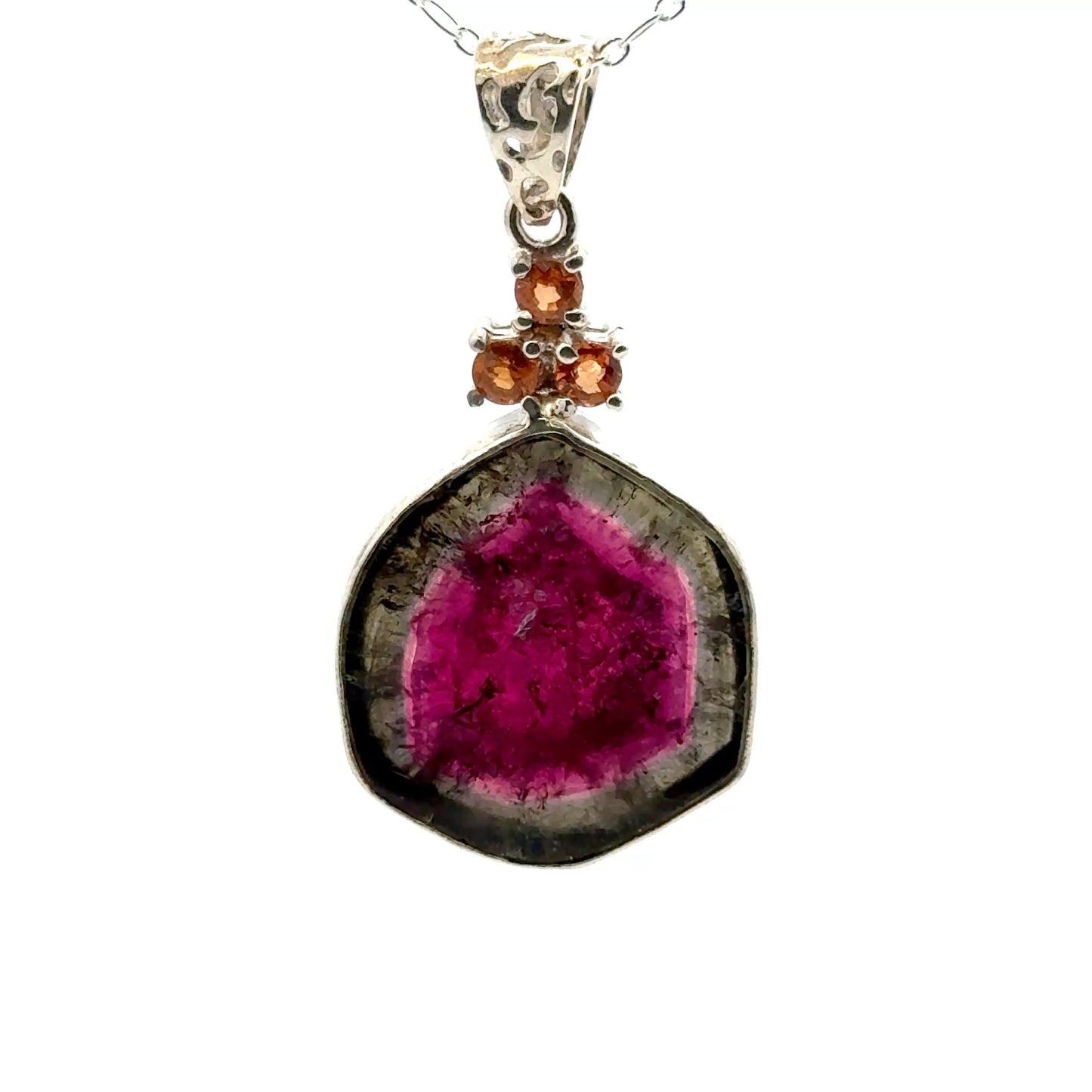Watermelon Tourmaline with 3 hessonite garnet, set in sterling silver 925