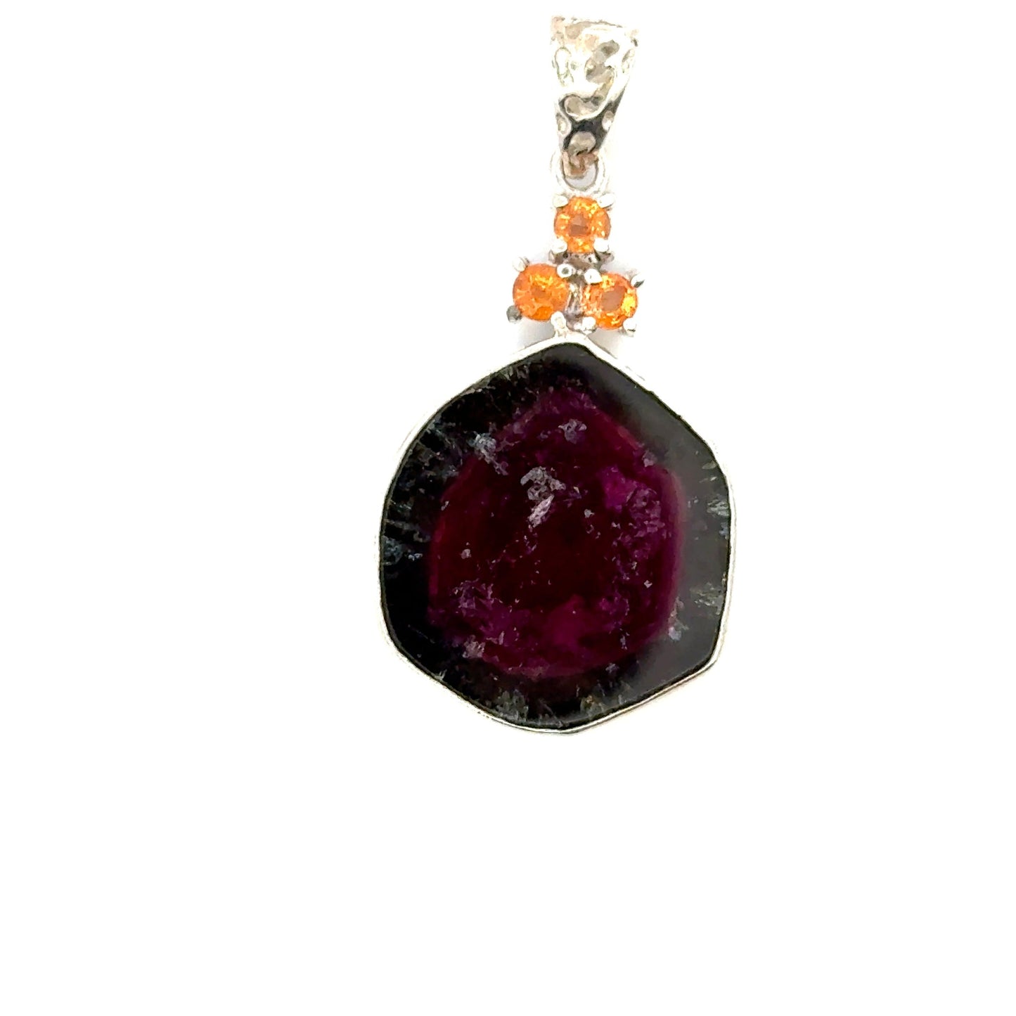 Watermelon Tourmaline with 3 hessonite garnet, set in sterling silver 925