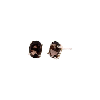 Handmade Oval Smoky Quartz Earrings in 925 Sterling Silver - Prong Set Style