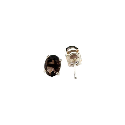 Handmade Oval Smoky Quartz Earrings in 925 Sterling Silver - Prong Set Style