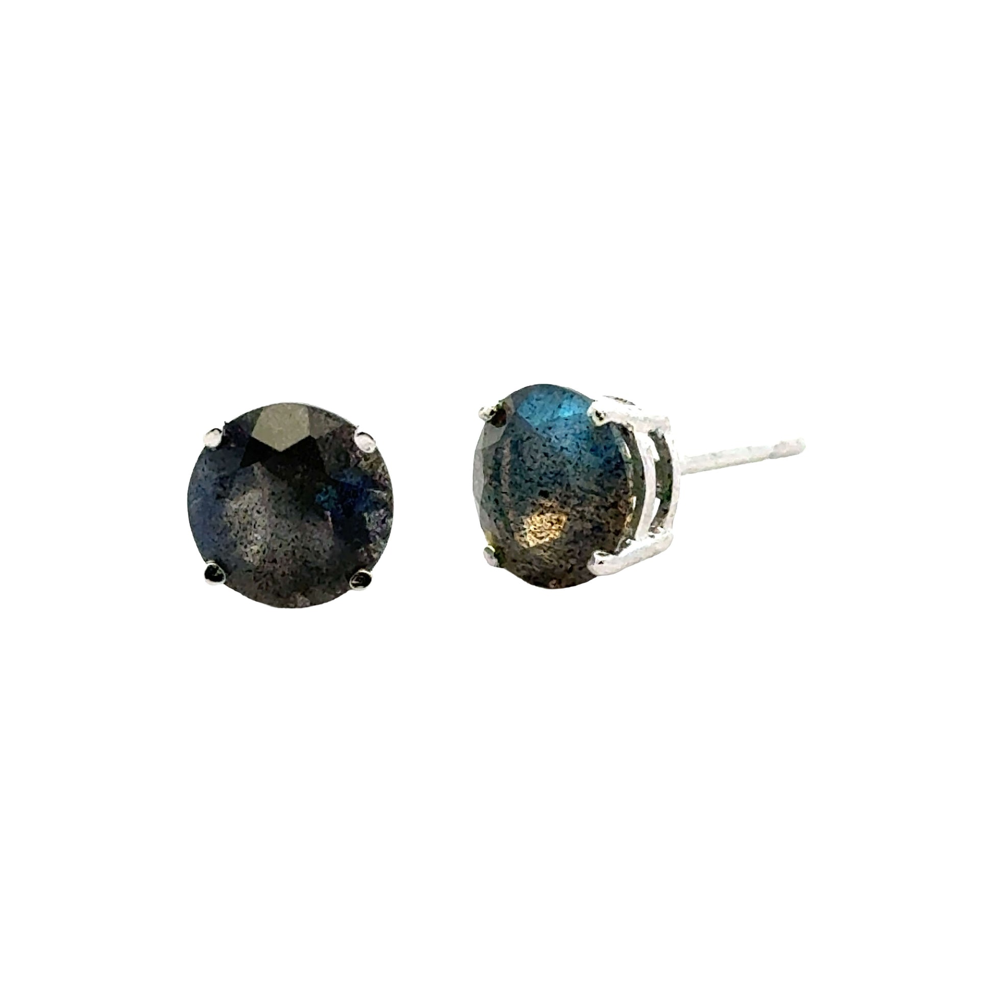 Handmade Round Labradorite Earrings in 925 Sterling Silver - Prong Set Style